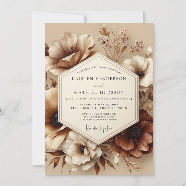 Invitation Mariage Romance d'Automne à Fleur Sepia (Devant)