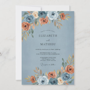 Invitation Mariage Romance d'Automne aux Fleurs Bleu Poussiér