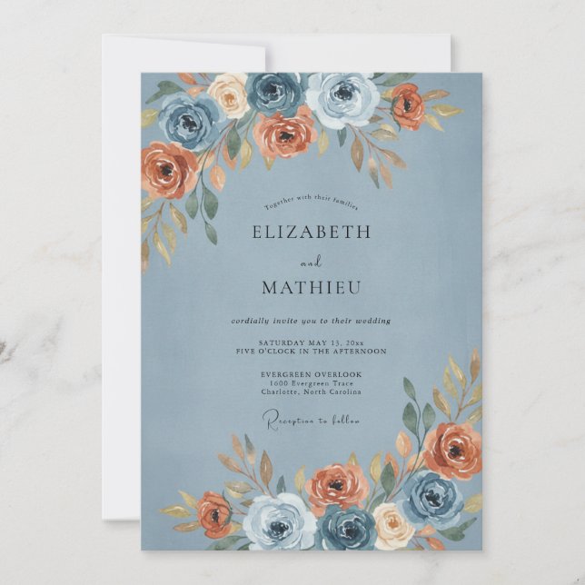 Invitation Mariage Romance d'Automne aux Fleurs Bleu Poussiér (Devant)