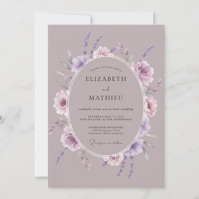 Invitation Mariage Romance Éthérée Mauve (Devant)