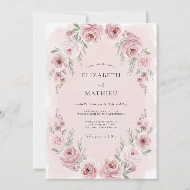 Invitation Mariage Romance Éthérée Rose Carmin (Devant)