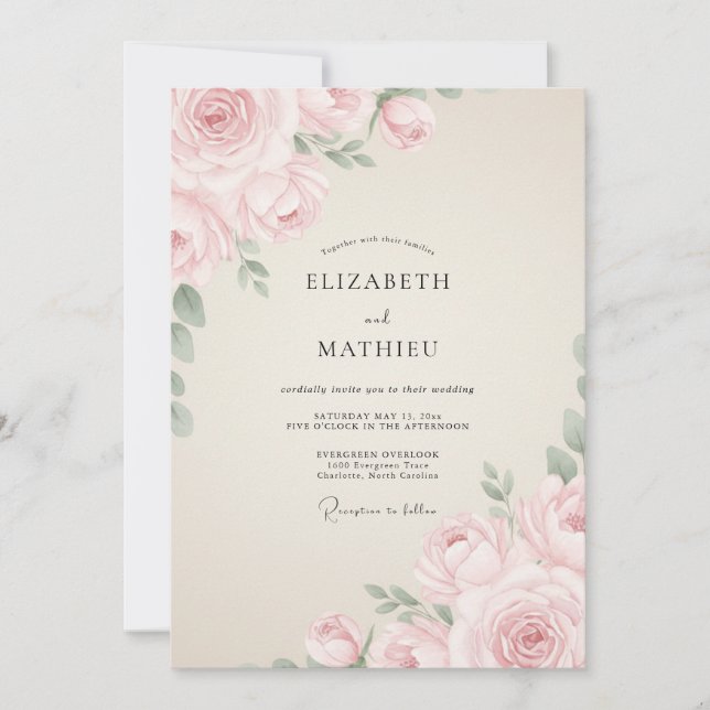 Invitation Mariage Romance Éthérée Rose Pâle (Devant)