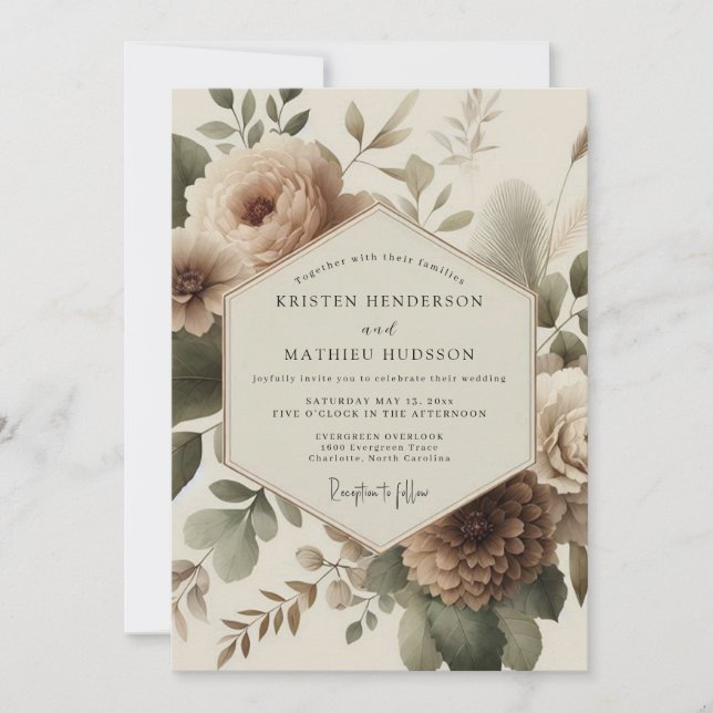 Invitation Mariage Romance Fleur Beige (Devant)