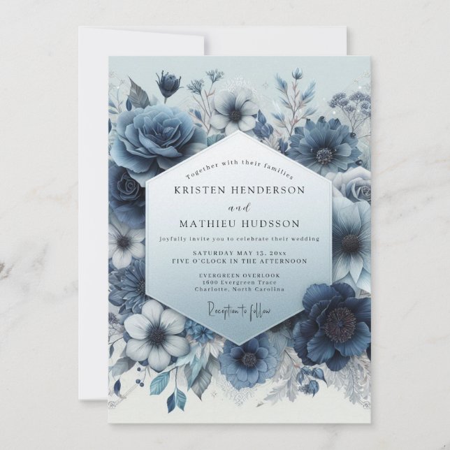 Invitation Mariage Romance Fleur Bleu Ardoise (Devant)