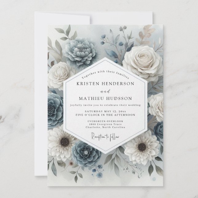 Invitation Mariage Romance Fleur Bleu Ardoise (Devant)