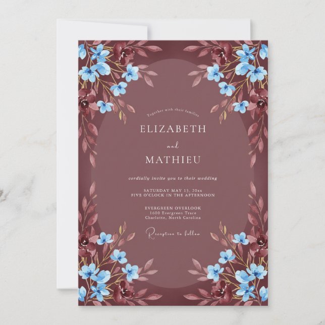Invitation Mariage Romance Fleur Bleue Bourgogne (Devant)