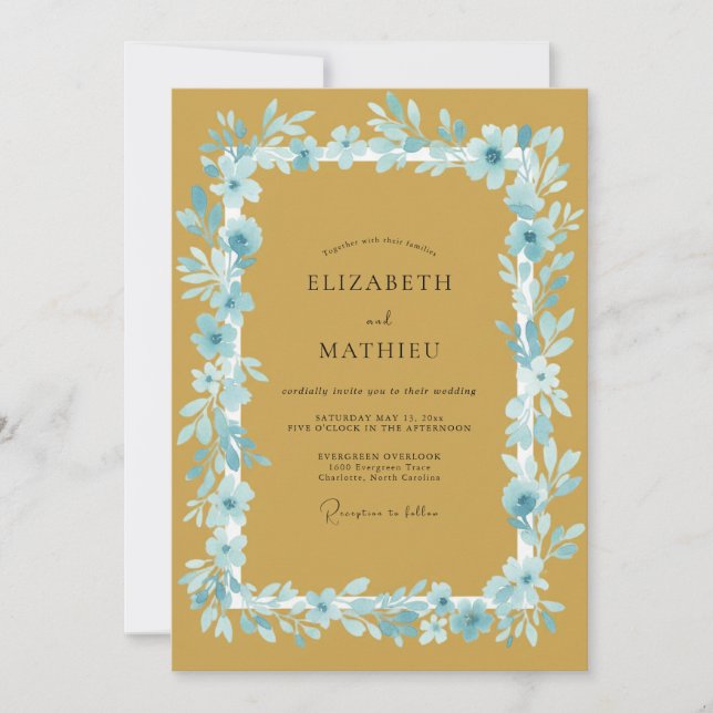 Invitation Mariage Romance Fleur Bleue Moutarde (Devant)
