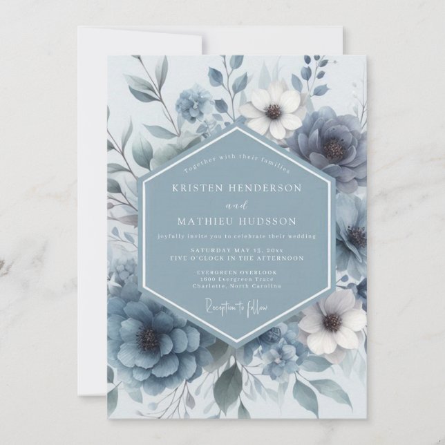 Invitation Mariage Romance Fleur Bleue Poussiéreuse (Devant)