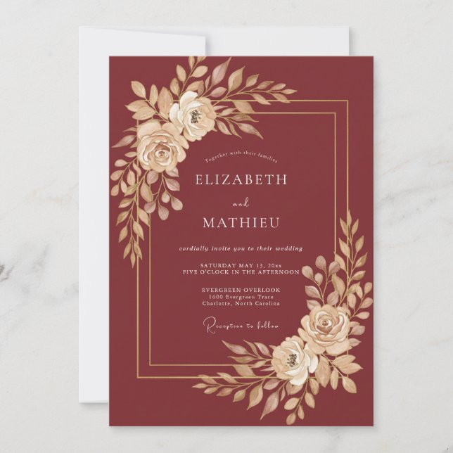 Invitation Mariage Romance Fleur Burgonde Dorée (Devant)