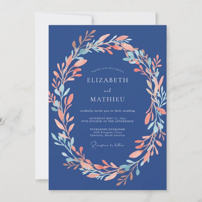 Invitation Mariage Romance Fleur d'Aquarelle Navy (Devant)