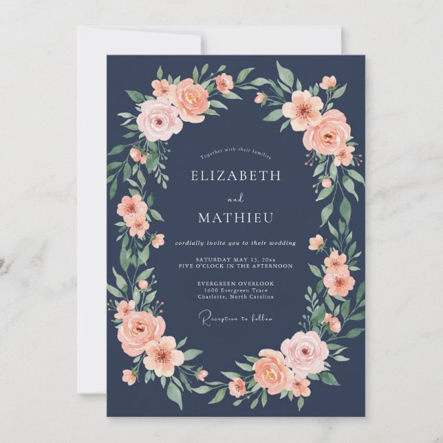Invitation Mariage Romance Fleur de Blush Navy (Devant)