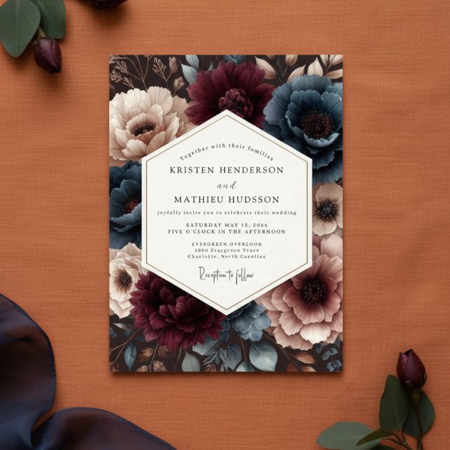 Invitation Mariage Romance Fleur de Bourgogne et Sarcelle (Créateur téléchargé)