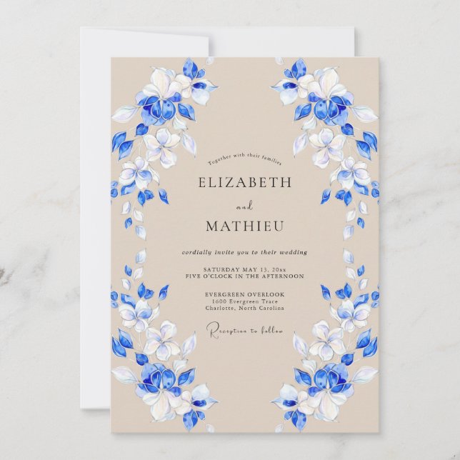 Invitation Mariage Romance Fleur de Cobalt Bleu (Devant)