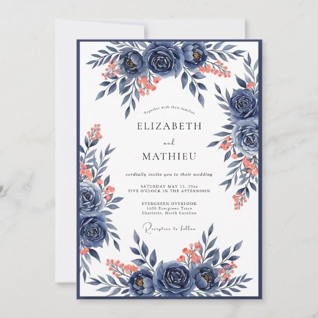 Invitation Mariage Romance Fleur de Corail Navy (Devant)