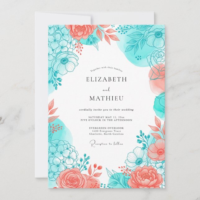 Invitation Mariage Romance Fleur de Corail Sarcelle (Devant)