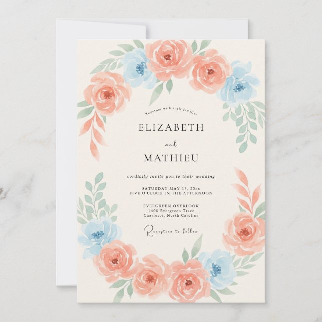 Invitation Mariage Romance Fleur de Pêche Bleue (Devant)