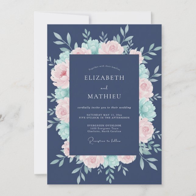 Invitation Mariage Romance Fleur de Pivoine Navy (Devant)