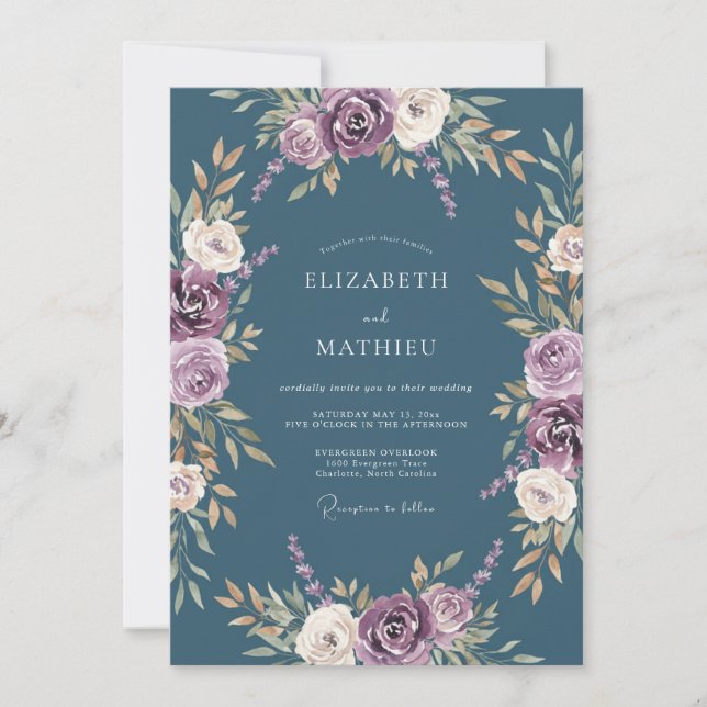 Invitation Mariage Romance Fleur de Pourpre Ardoise (Devant)
