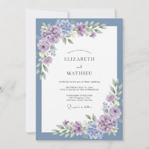 Invitation Mariage Romance Fleur de Prune Bleu Poussiéreux