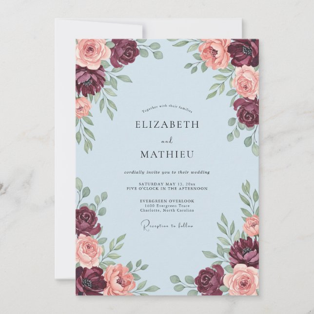 Invitation Mariage Romance Fleur de Robe de Bourgogne (Devant)