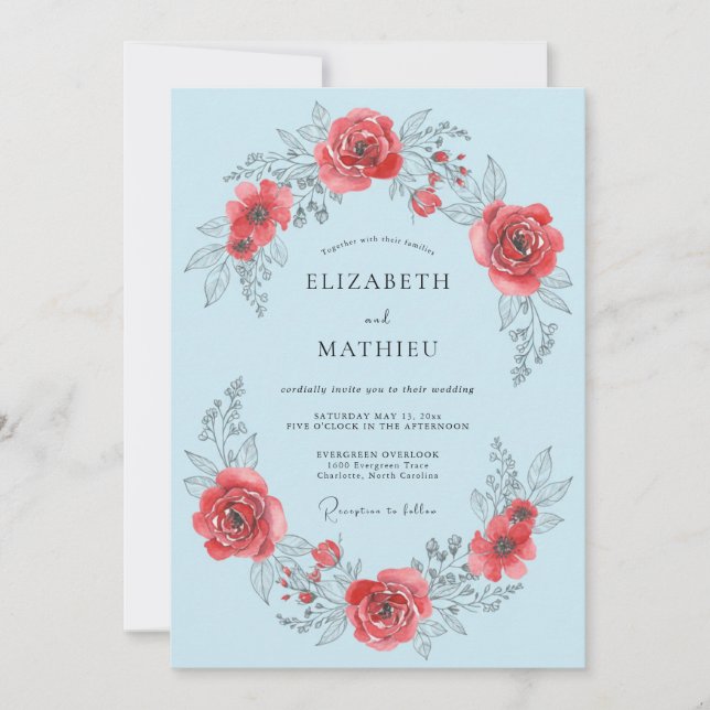 Invitation Mariage Romance Fleur de Rosier Bleu Clair (Devant)