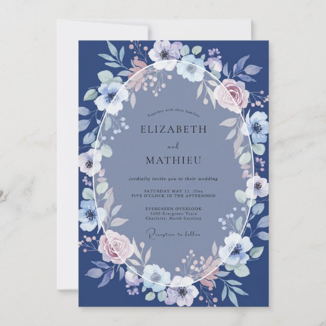 Invitation Mariage Romance Fleur Délicate Navy (Devant)