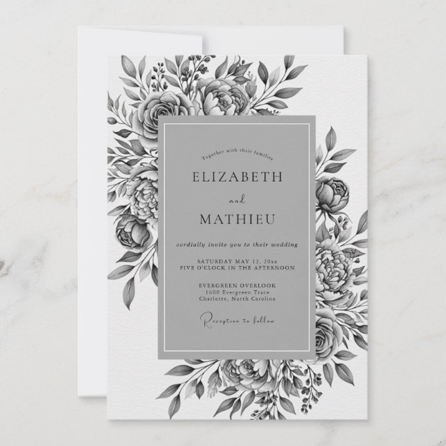 Invitation Mariage Romance Fleur Grise (Devant)