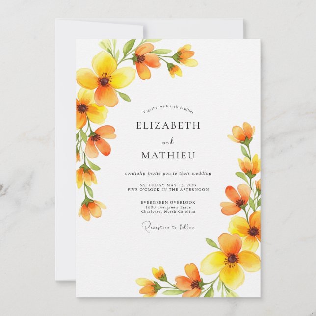 Invitation Mariage Romance Fleur Jaune Doré (Devant)