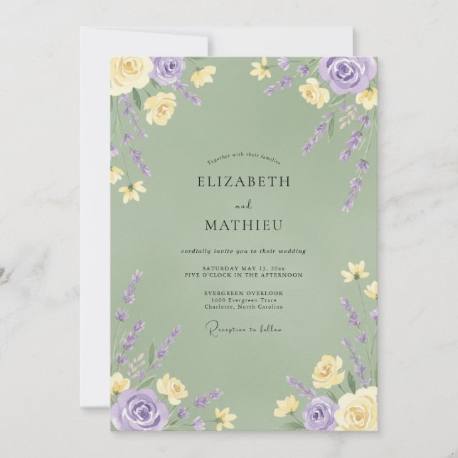 Invitation Mariage Romance Fleur Jaune Lavande (Devant)