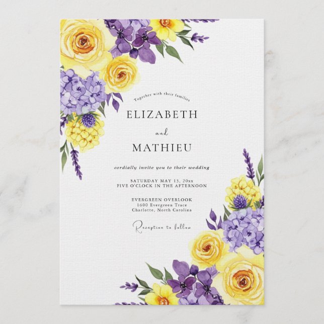 Invitation Mariage Romance Fleur Jaune Violet (Devant)