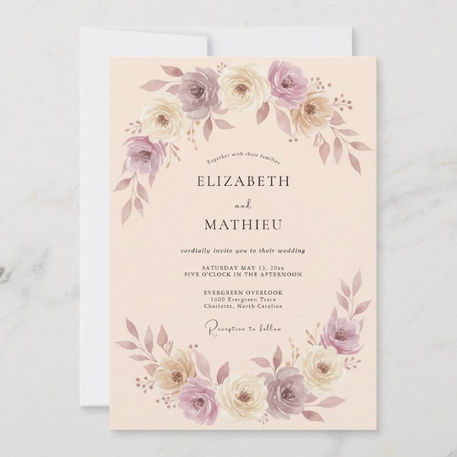 Invitation Mariage Romance Fleur Mauve Douce (Devant)