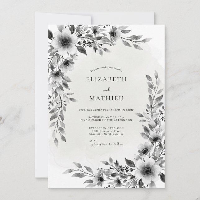 Invitation Mariage Romance Fleur Noir Blanc (Devant)