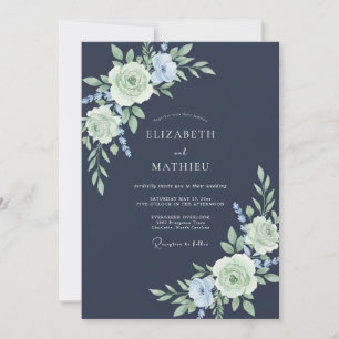 Invitation Mariage Romance Fleur Pastel Navy