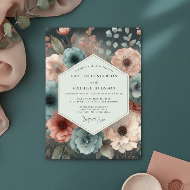 Invitation Mariage Romance Fleur Teintée de Bleu-vert (Créateur téléchargé)