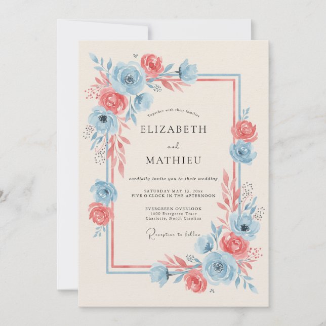 Invitation Mariage Romance Fleurie Bleu Corail (Devant)