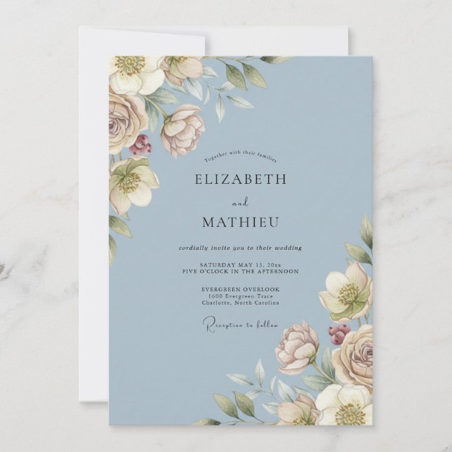 Invitation Mariage Romance Fleurie Bleu Poussiéreux (Devant)