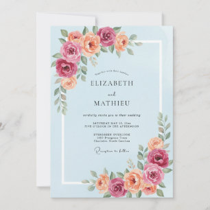 Invitation Mariage Romance Fleurie Bleu Poussiéreux