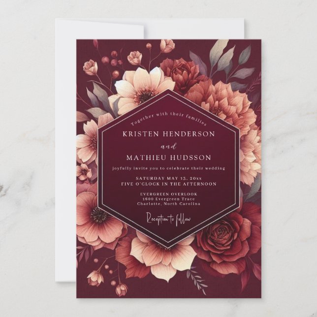 Invitation Mariage Romance Fleurie Burgundy (Devant)