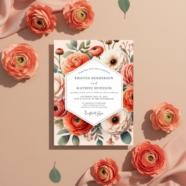Invitation Mariage Romance Fleurie Corail (Créateur téléchargé)