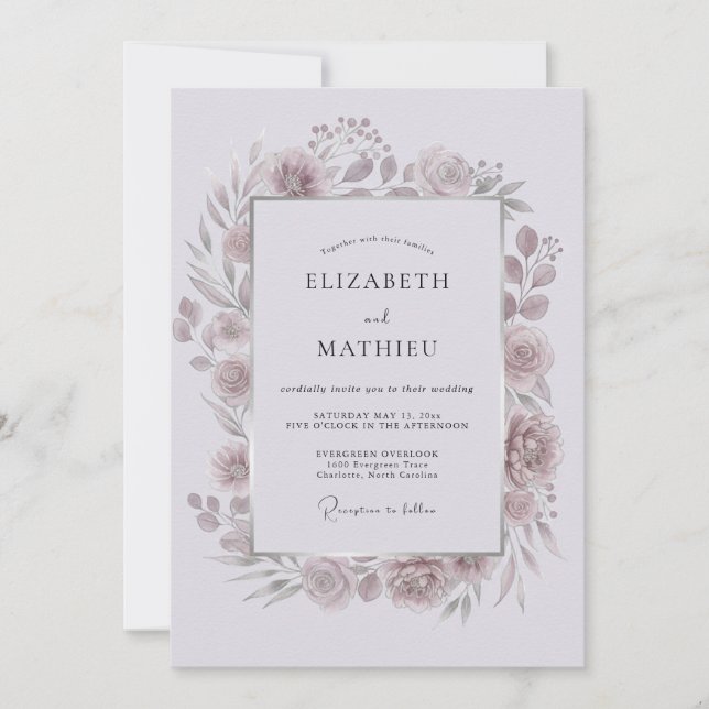 Invitation Mariage Romance Fleurie Laurier Mauve (Devant)