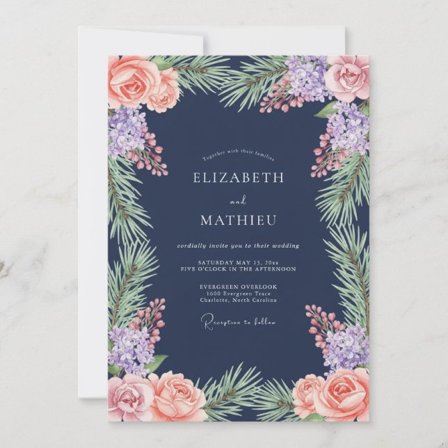 Invitation Mariage Romance Fleurie Laurier Navy (Devant)