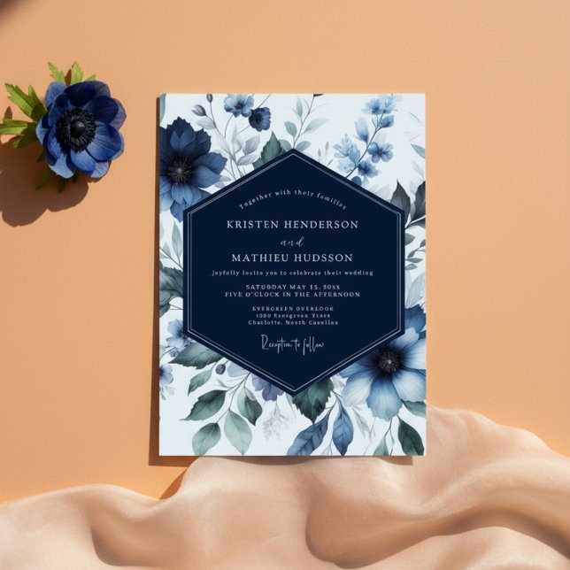 Invitation Mariage Romance Fleurie Navy (Créateur téléchargé)