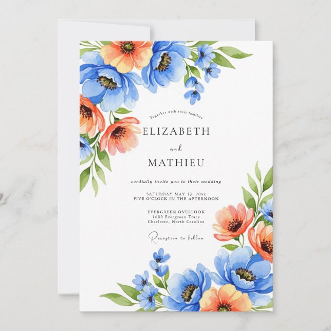 Invitation Mariage Romance Fleurie Orange Bleu (Devant)