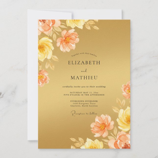 Invitation Mariage Romance Fleurie Pêche Dorée (Devant)