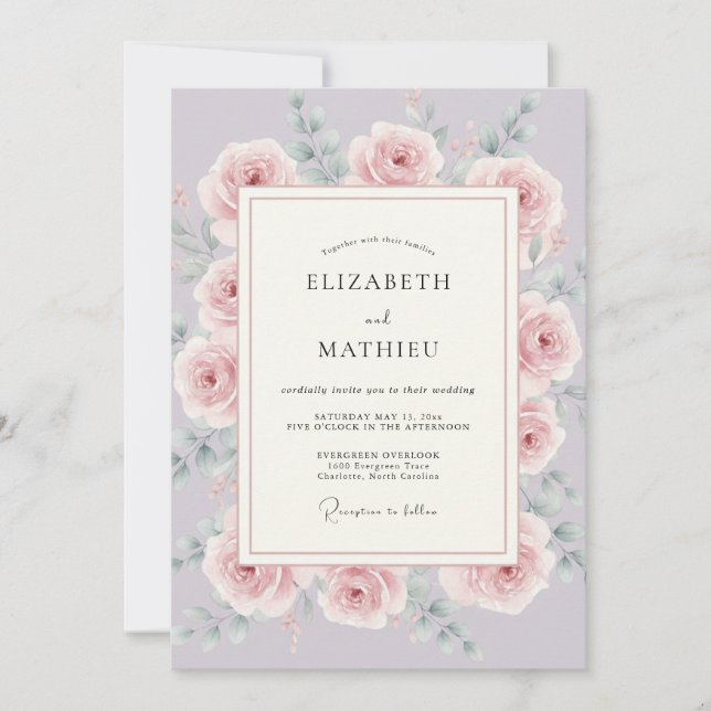 Invitation Mariage Romance Fleurie Rose Poussiéreuse (Devant)