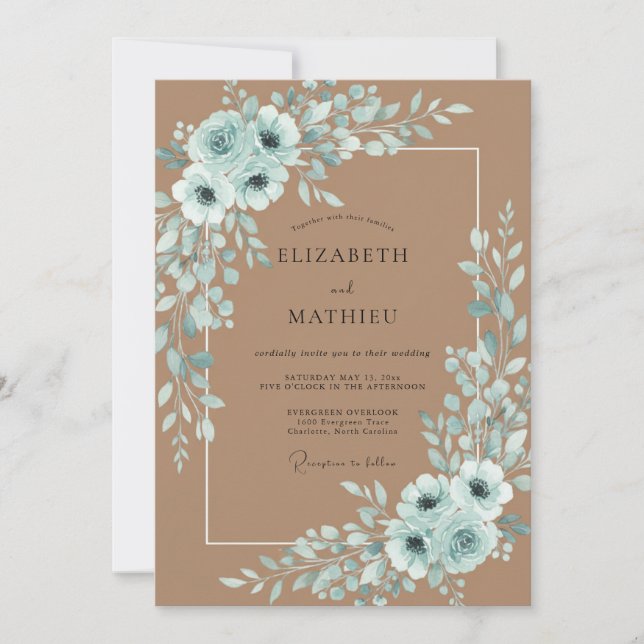Invitation Mariage Romance Fleurie Sarcelle (Devant)