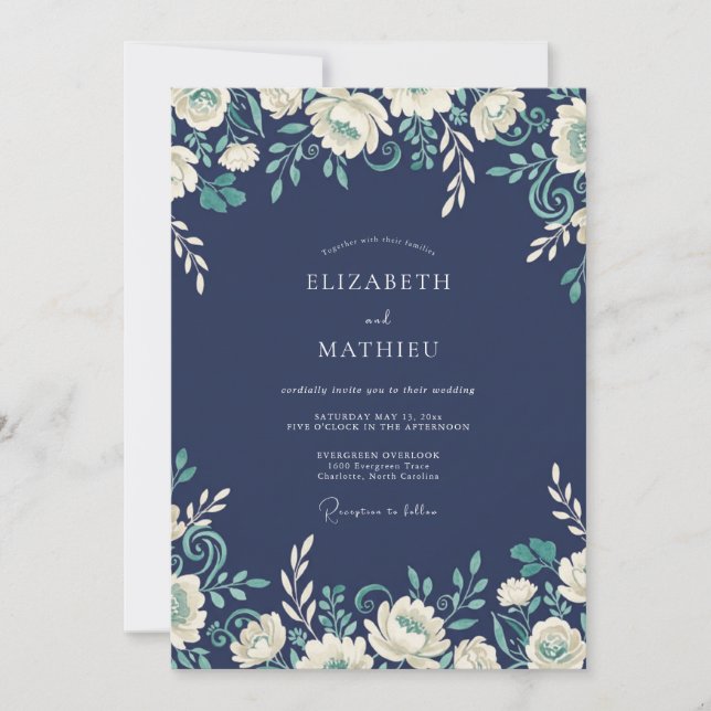 Invitation Mariage Romance Fleurs Défilantes Navy (Devant)