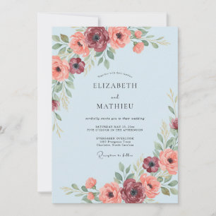 Invitation Mariage Romance Floral Bleu Clair