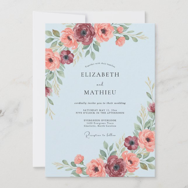 Invitation Mariage Romance Floral Bleu Clair (Devant)
