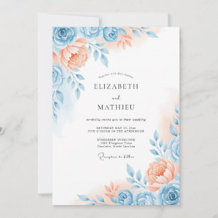Invitation Mariage Romance Floral Bleu Corail